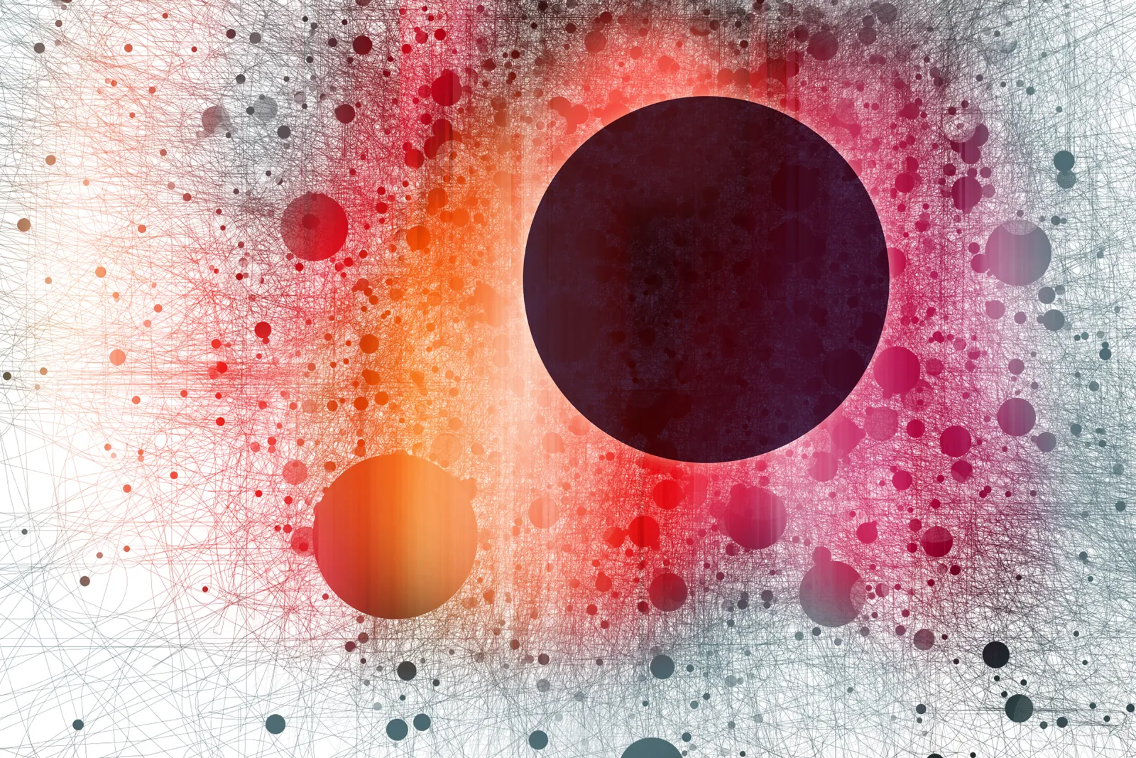 A large deep-purple circle haloed by a pink and orange glow, surrounded by clusters of small dots and pencil-like lines on a pale gray ground.