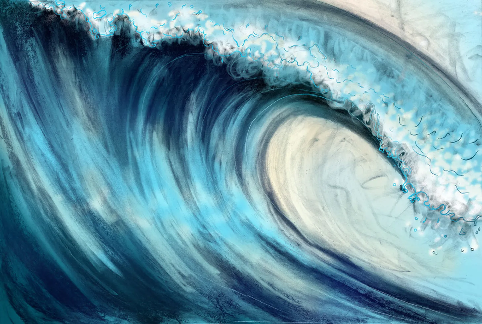 Stylized large blue wave curling over into a hollow tube, white foam and swirling line detail along the crest.