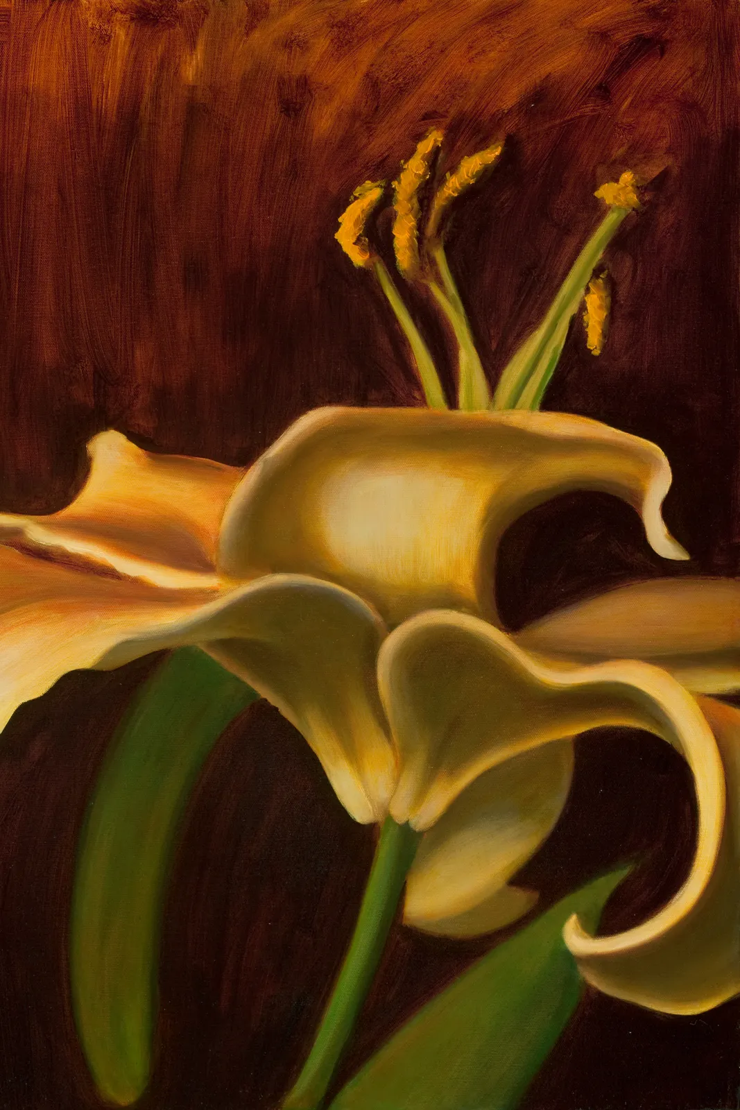 Underside view of a creamy yellow lily with upward-curling stamens and green leaves, against a warm brown background.