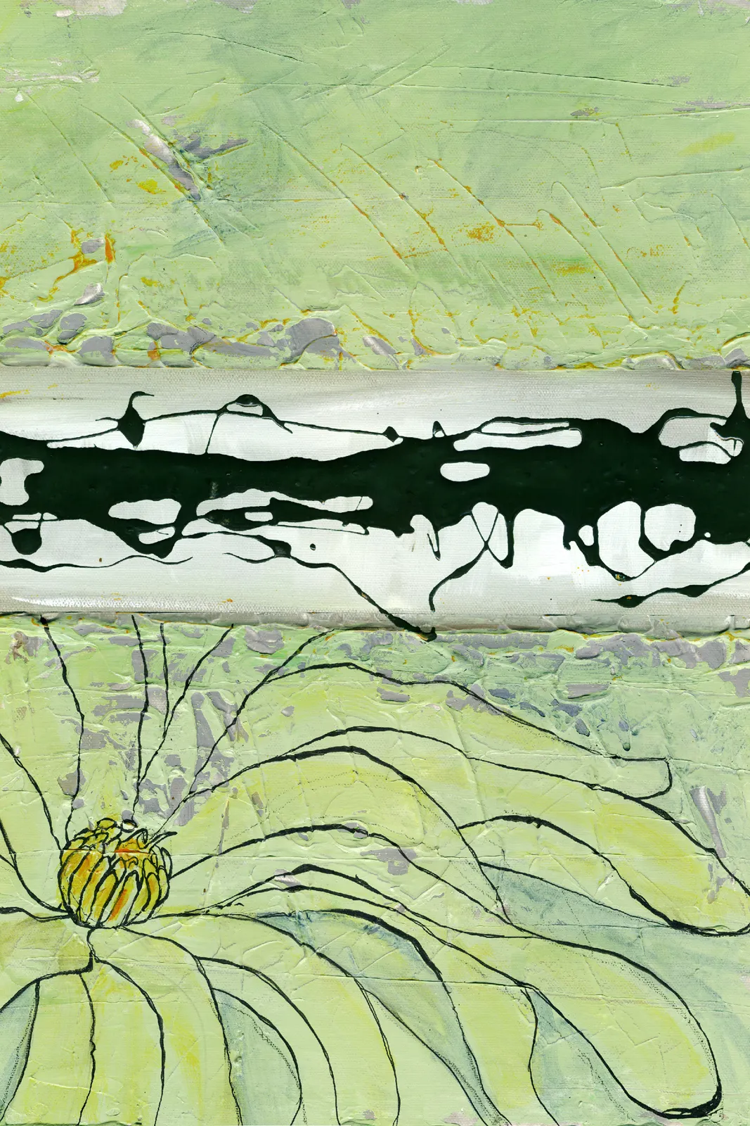 Abstract composition: a black inky splash across a pale green band, with the partial outline of a daisy below.