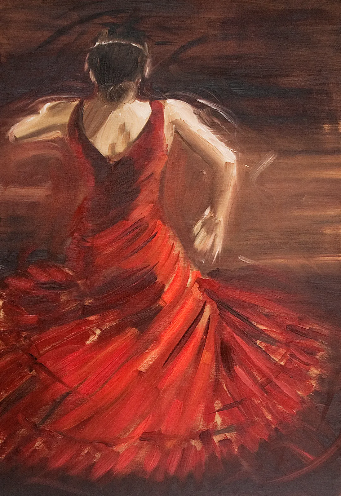 A single large feather-like form in cream and copper strokes, rising from the bottom against a deep black ground.